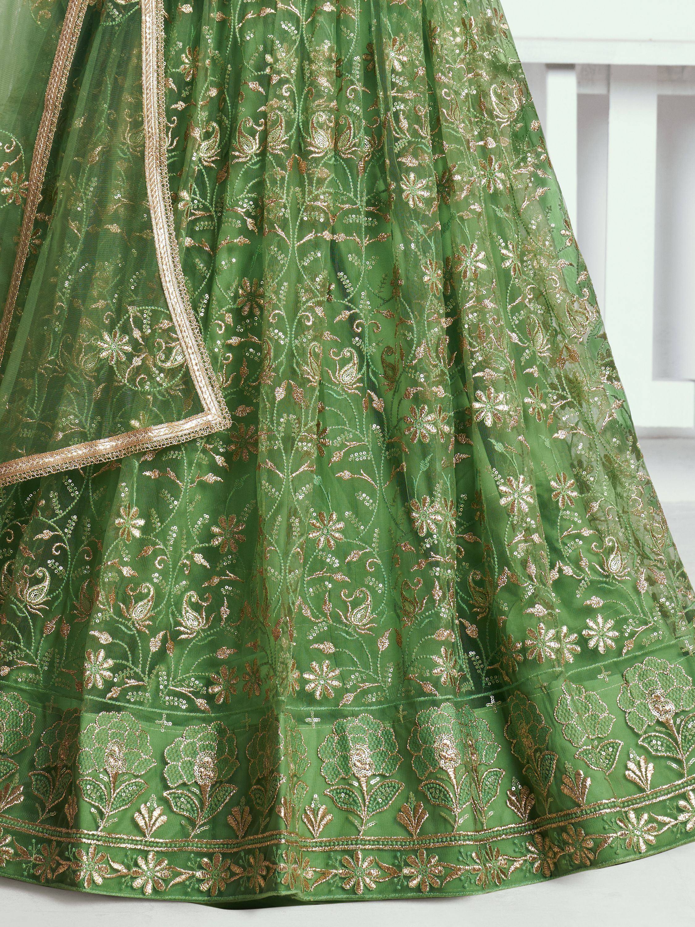 Green lehenga with gold floral embroidery and sequins, Indian ethnic wear