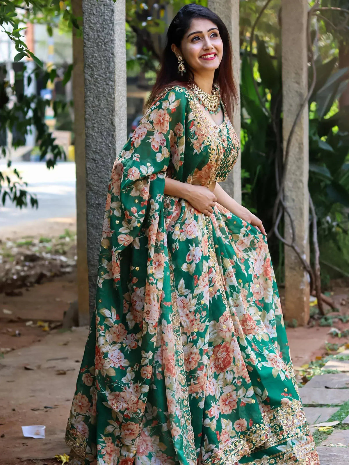 Green floral lehenga choli with gold embroidery, perfect for Indian ethnic occasions