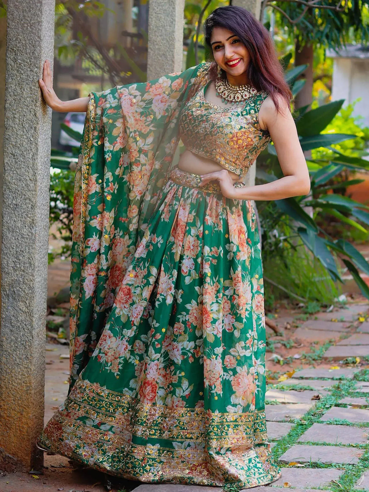 Green floral lehenga choli with gold embroidery, perfect for Indian ethnic wear occasions