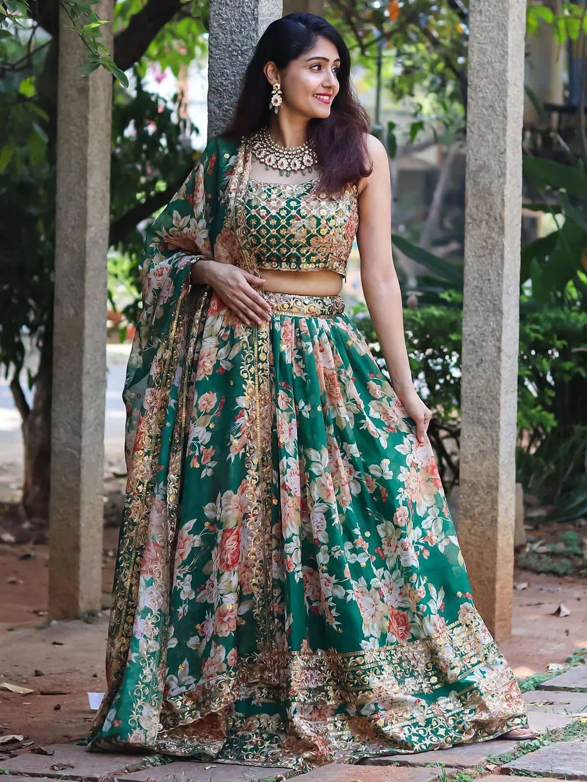 Green floral lehenga choli with gold embroidery, perfect for Indian ethnic wear occasions