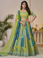 Attractive Green Thread Work Banarasi Silk Mehendi Wear Lehenga Choli - Ethnic Plus In