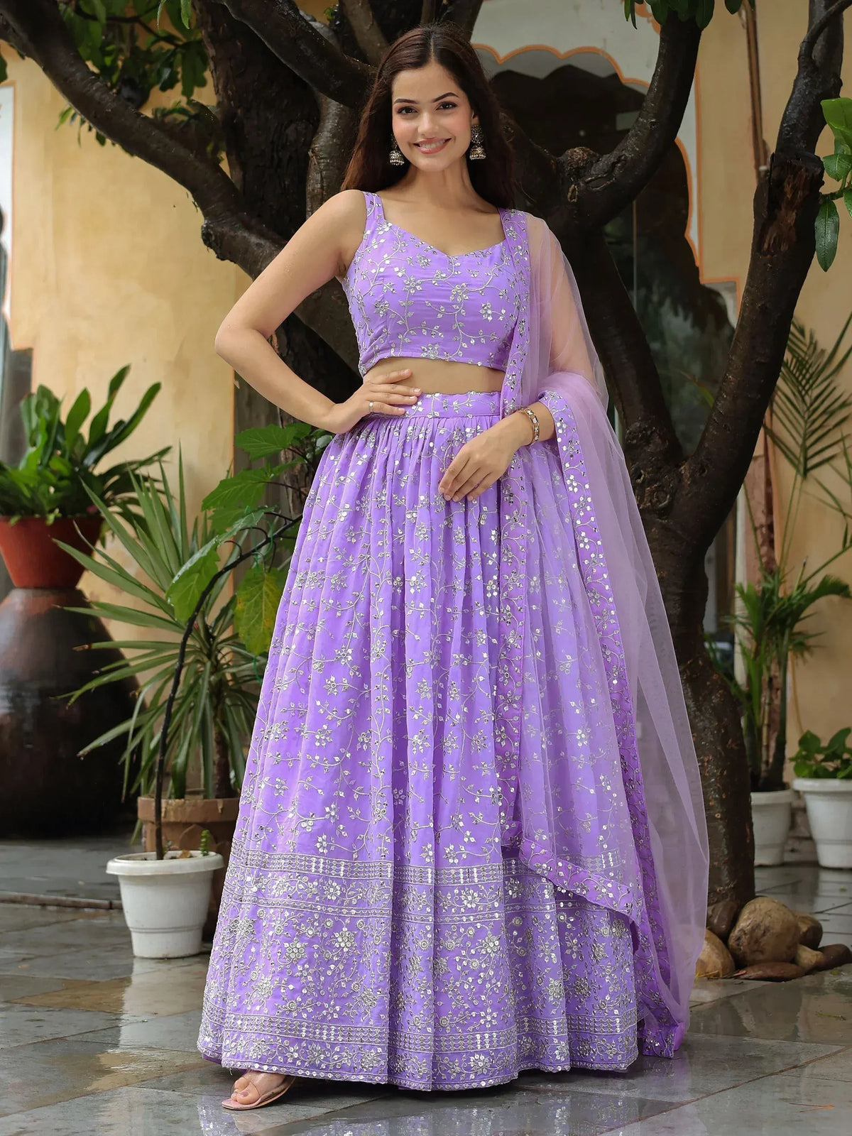 Lavender lehenga choli with silver embroidery, perfect for Indian ethnic wear occasions