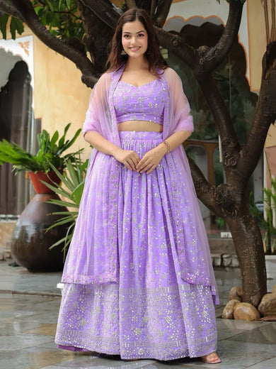 Attractive Lavender Embroidered Georgette Wedding Wear Lehenga Choli - Ethnic Plus In