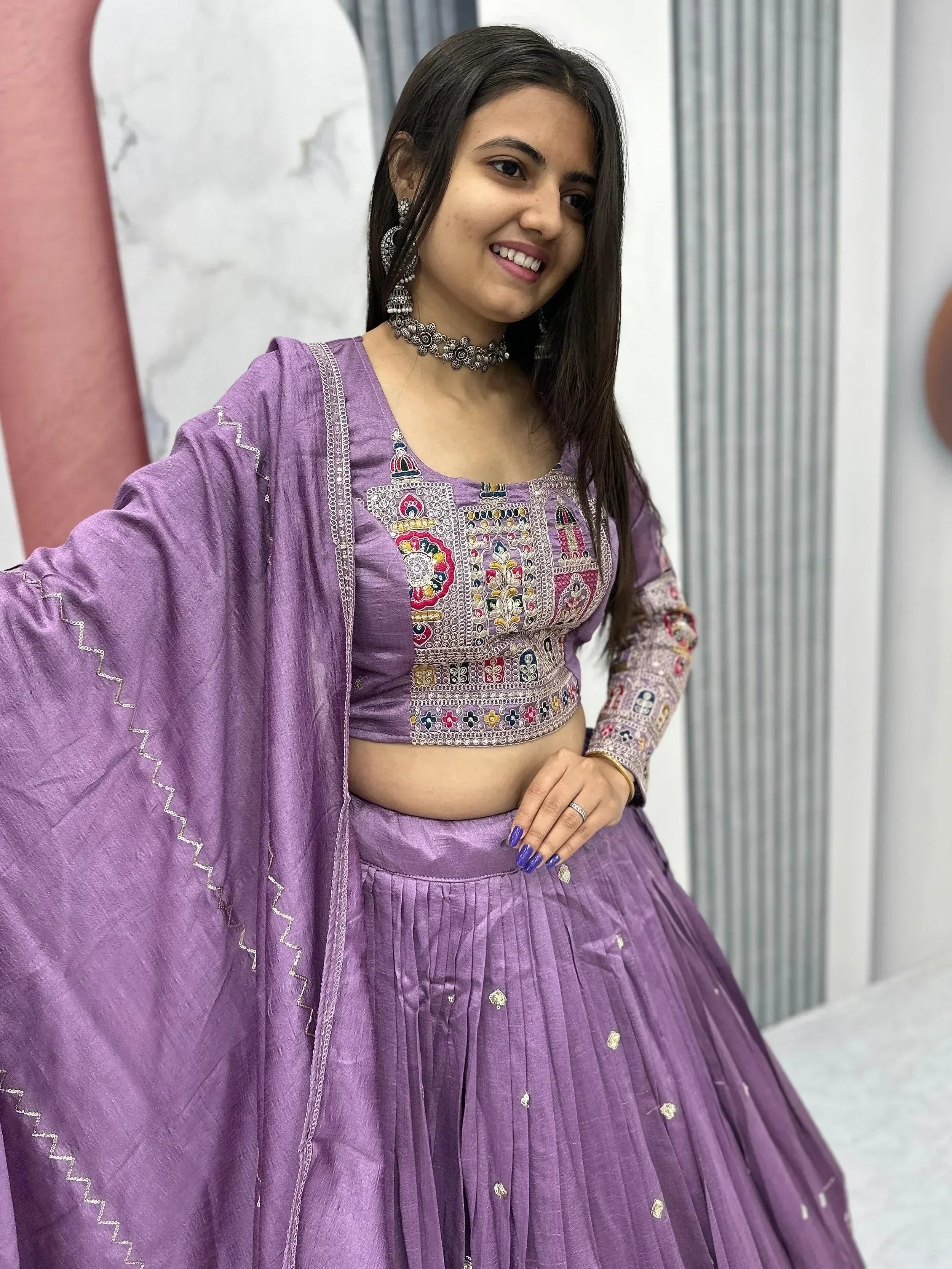 Purple embroidered lehenga choli with dupatta, Indian ethnic wear for women