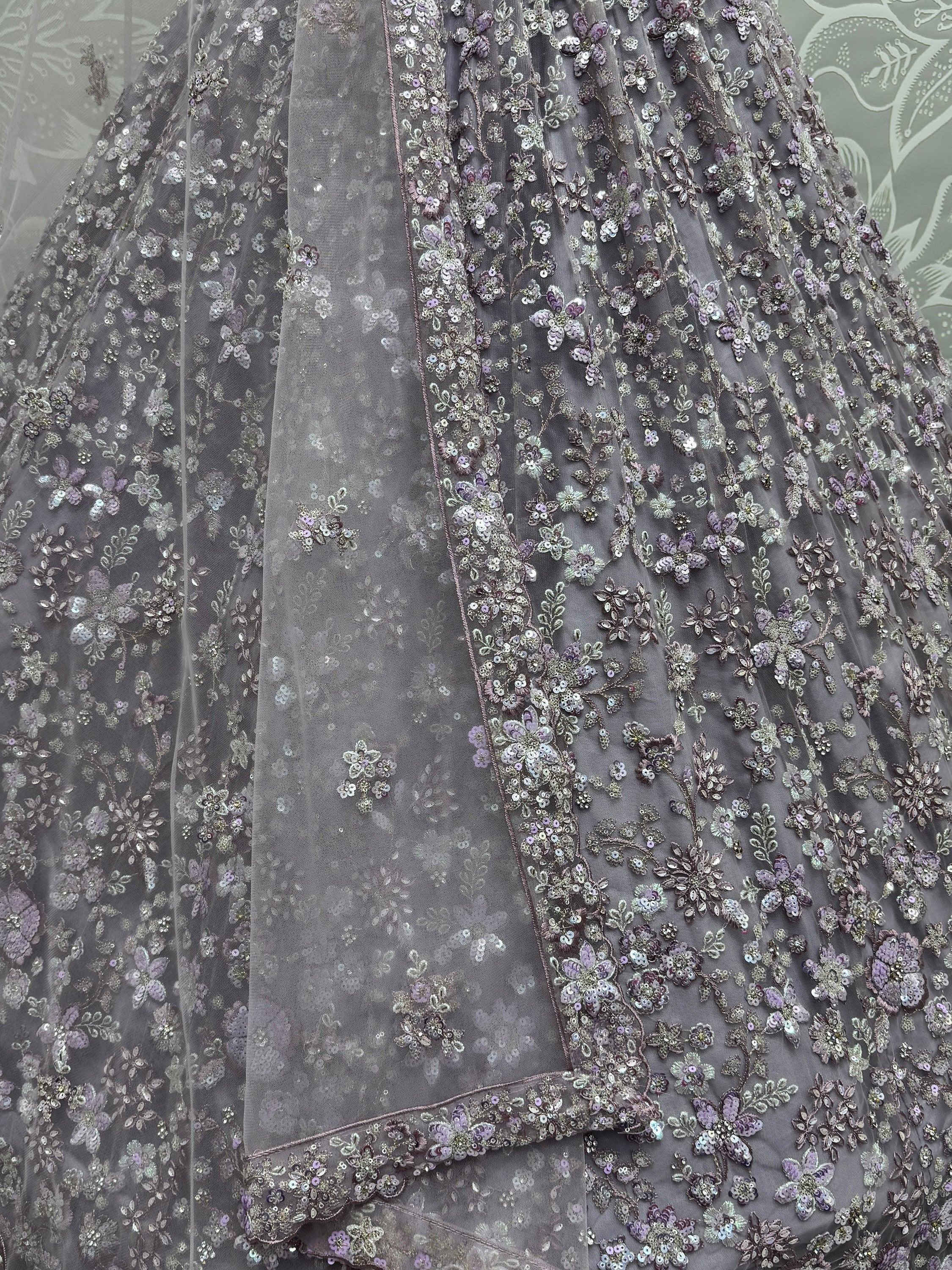 Grey floral sequin embroidered lehenga skirt with sheer overlay, perfect for Indian ethnic wear.