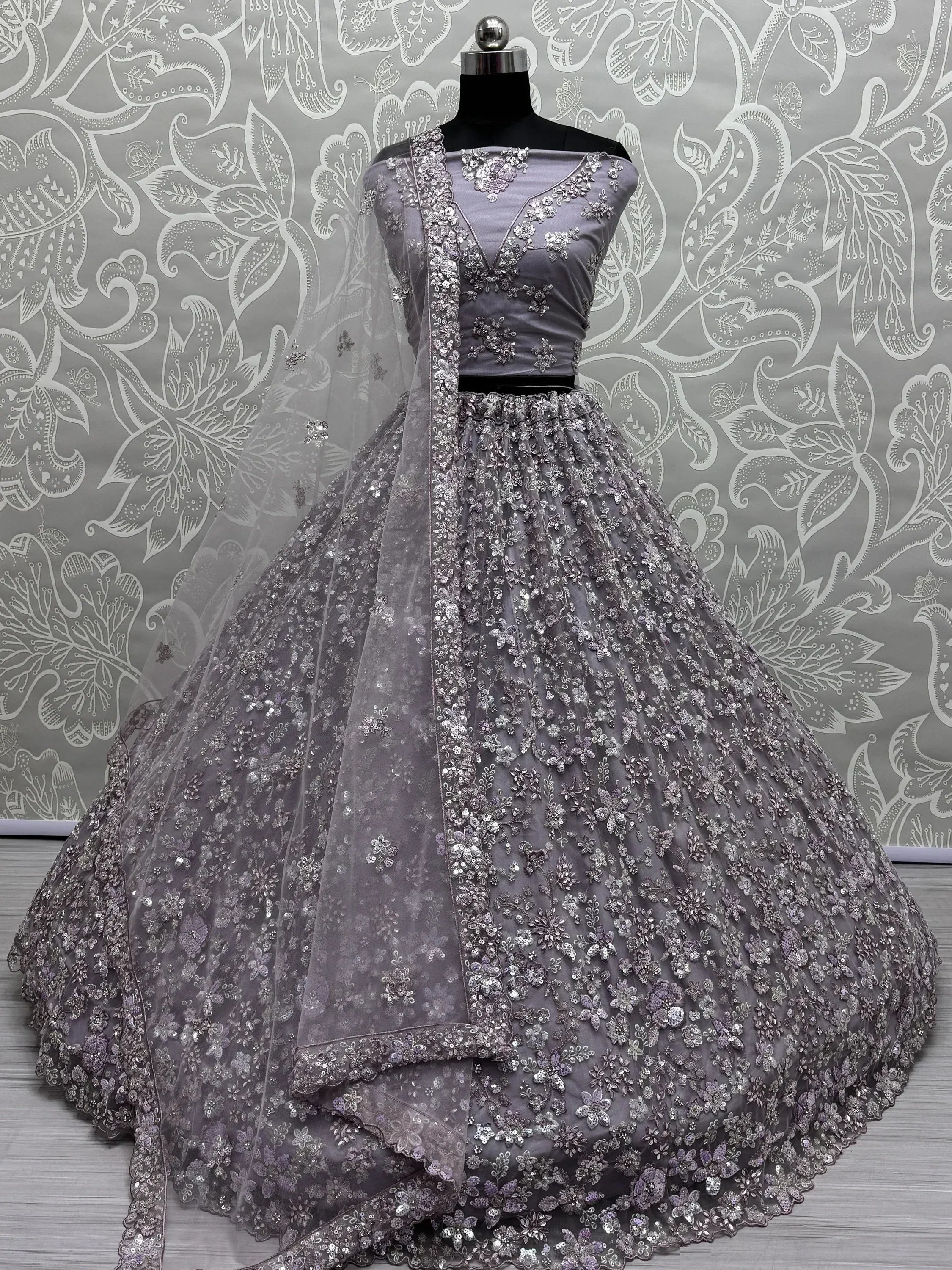 Grey floral embroidered lehenga choli with dupatta, designer Indian ethnic wear for weddings
