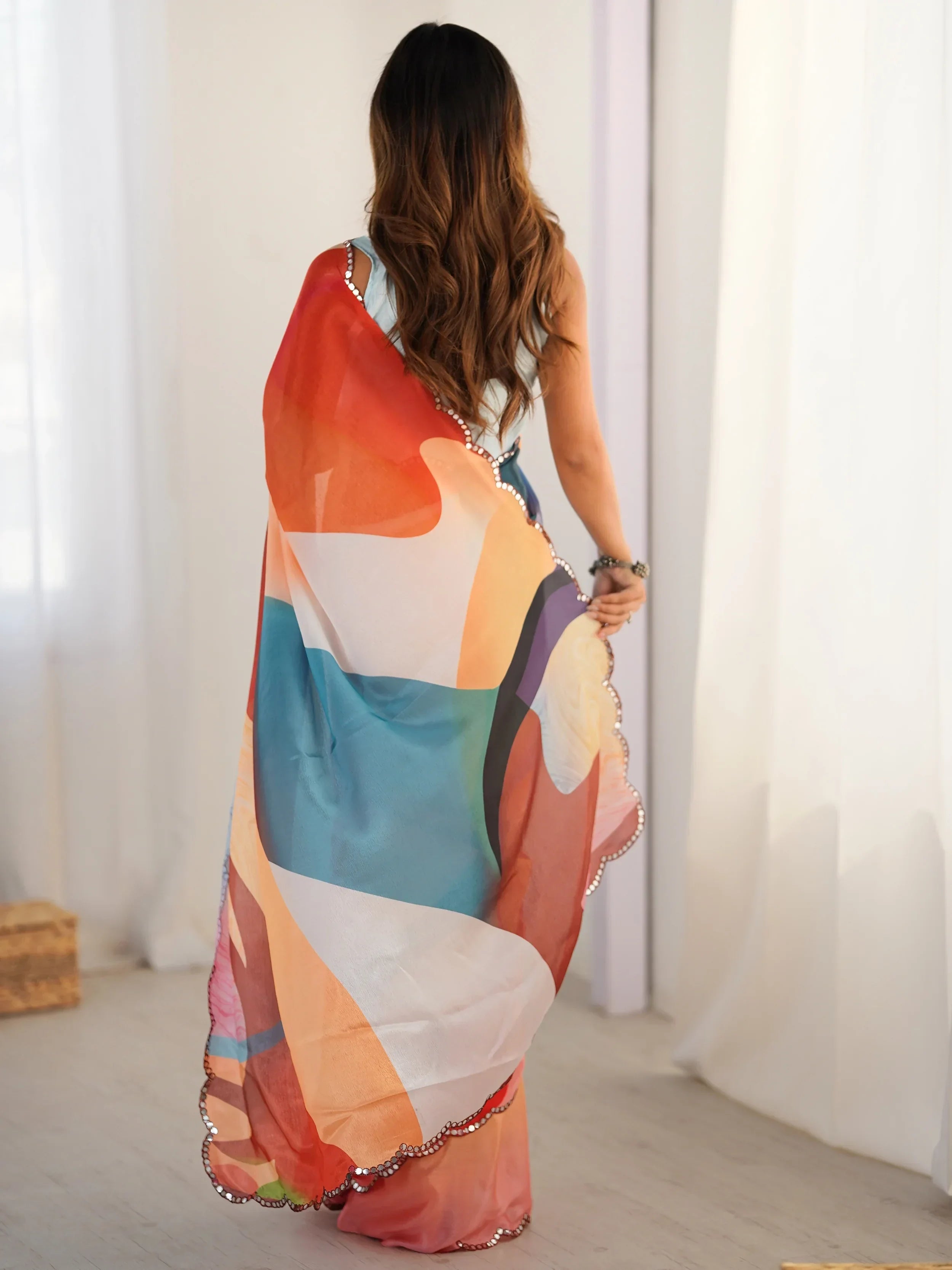 Attractive Multi Color Chinon Traditional Saree With Blouse - Ethnic Plus In