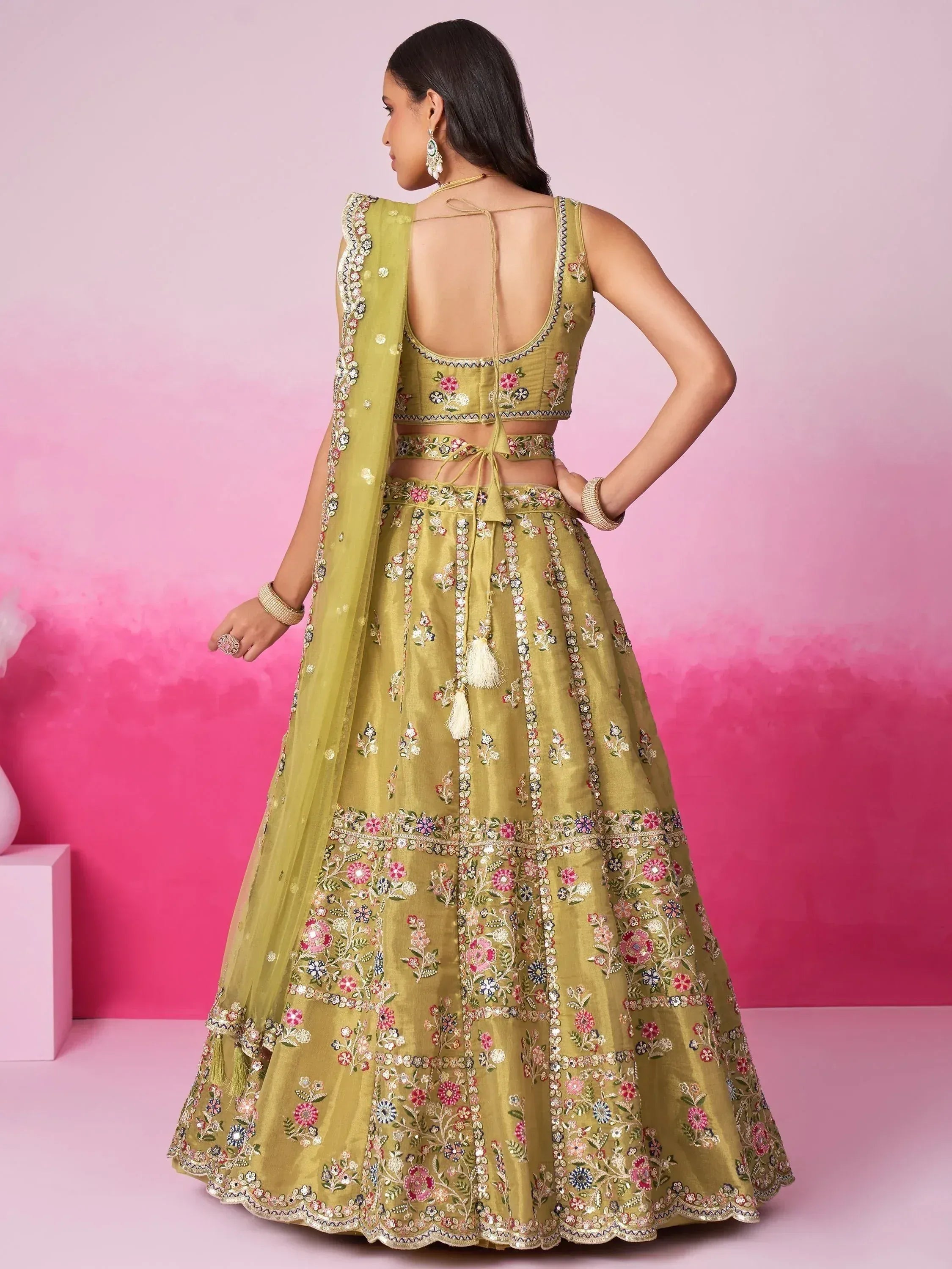 Olive green floral embroidered lehenga choli with open back and dupatta, Indian ethnic wear