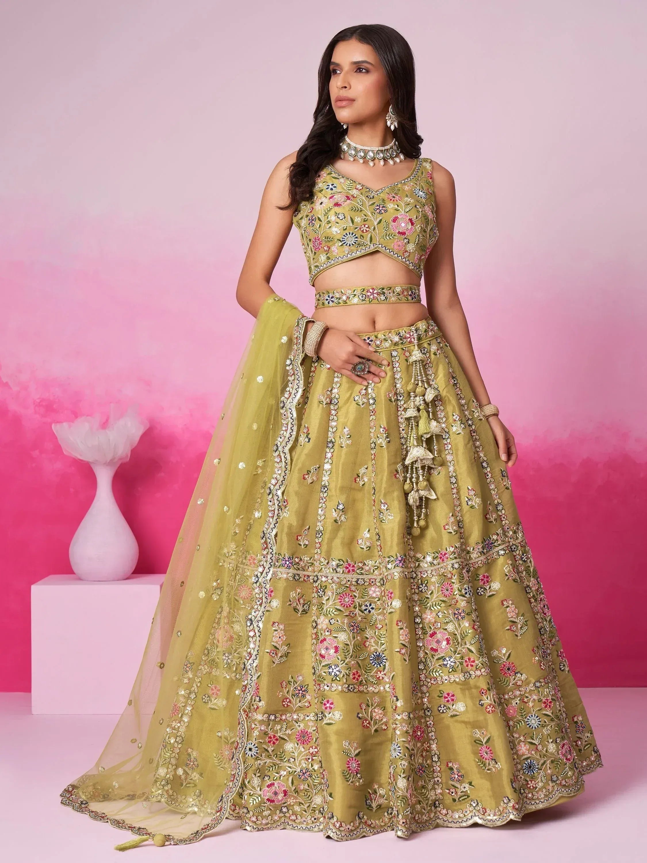 Olive green floral embroidered lehenga choli with dupatta, Indian ethnic wear for weddings and festivals