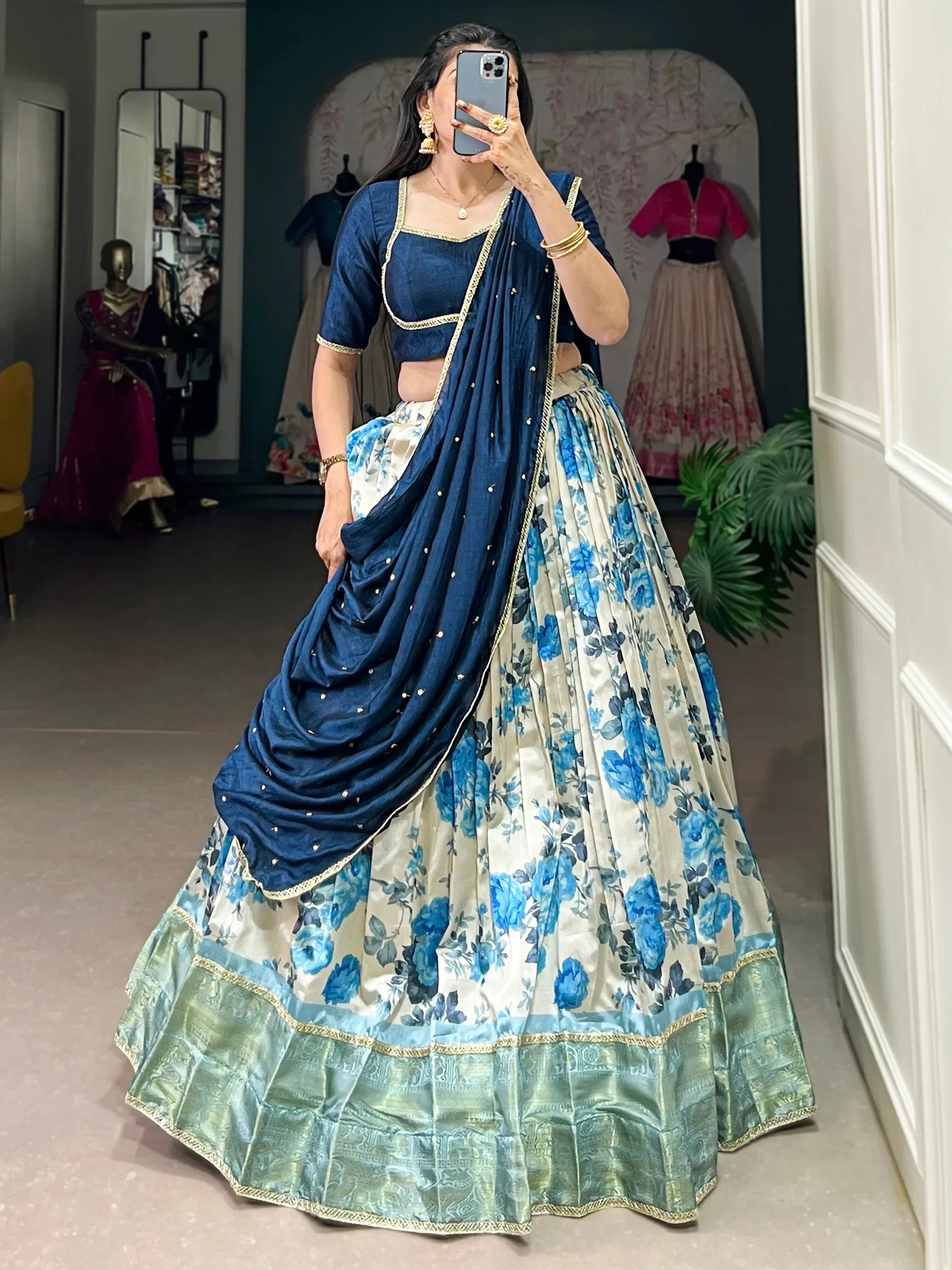 Blue floral lehenga choli with gold trim, Indian ethnic wear for women