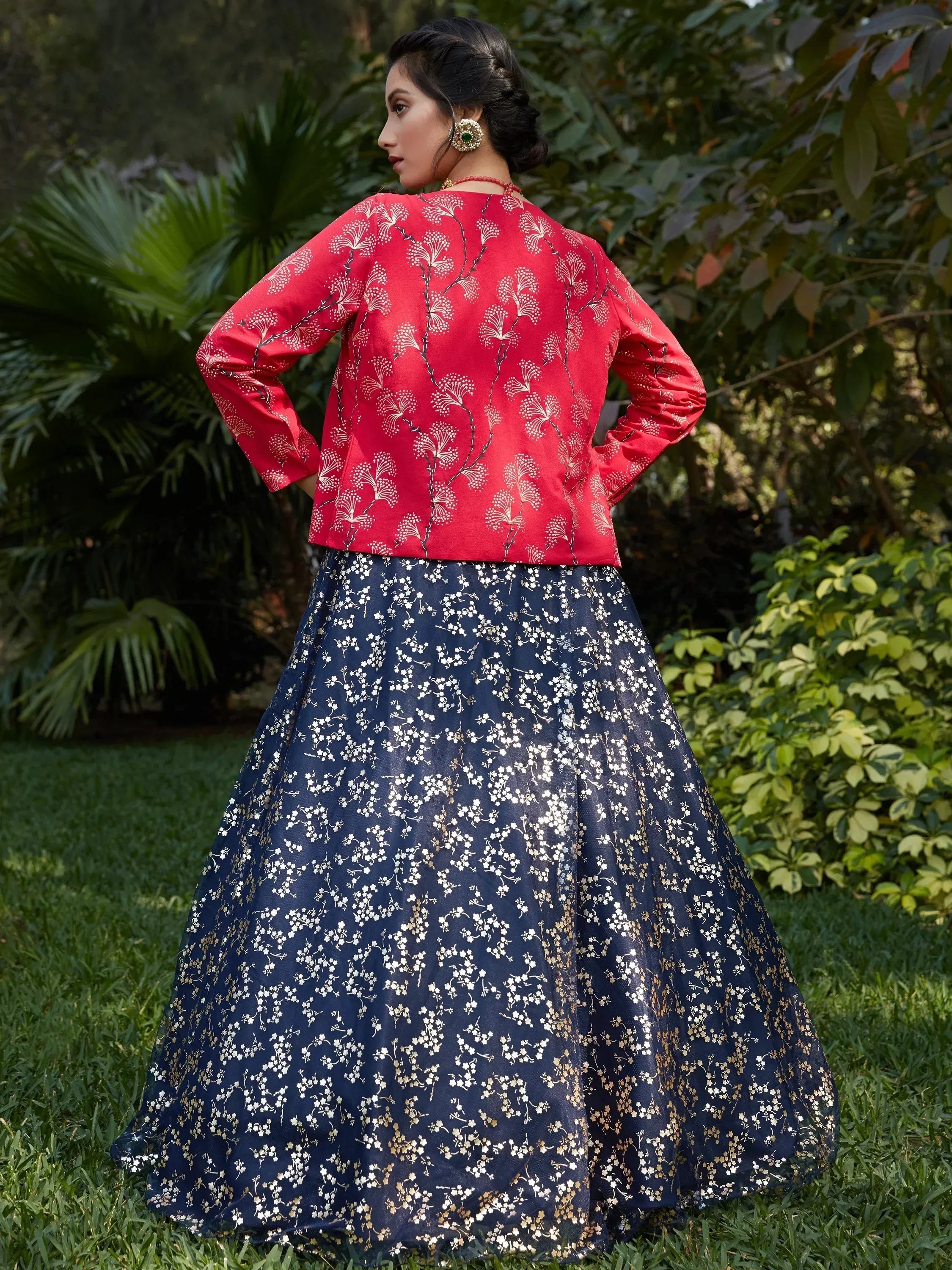 Red floral top with navy blue printed skirt, Indian ethnic wear for women