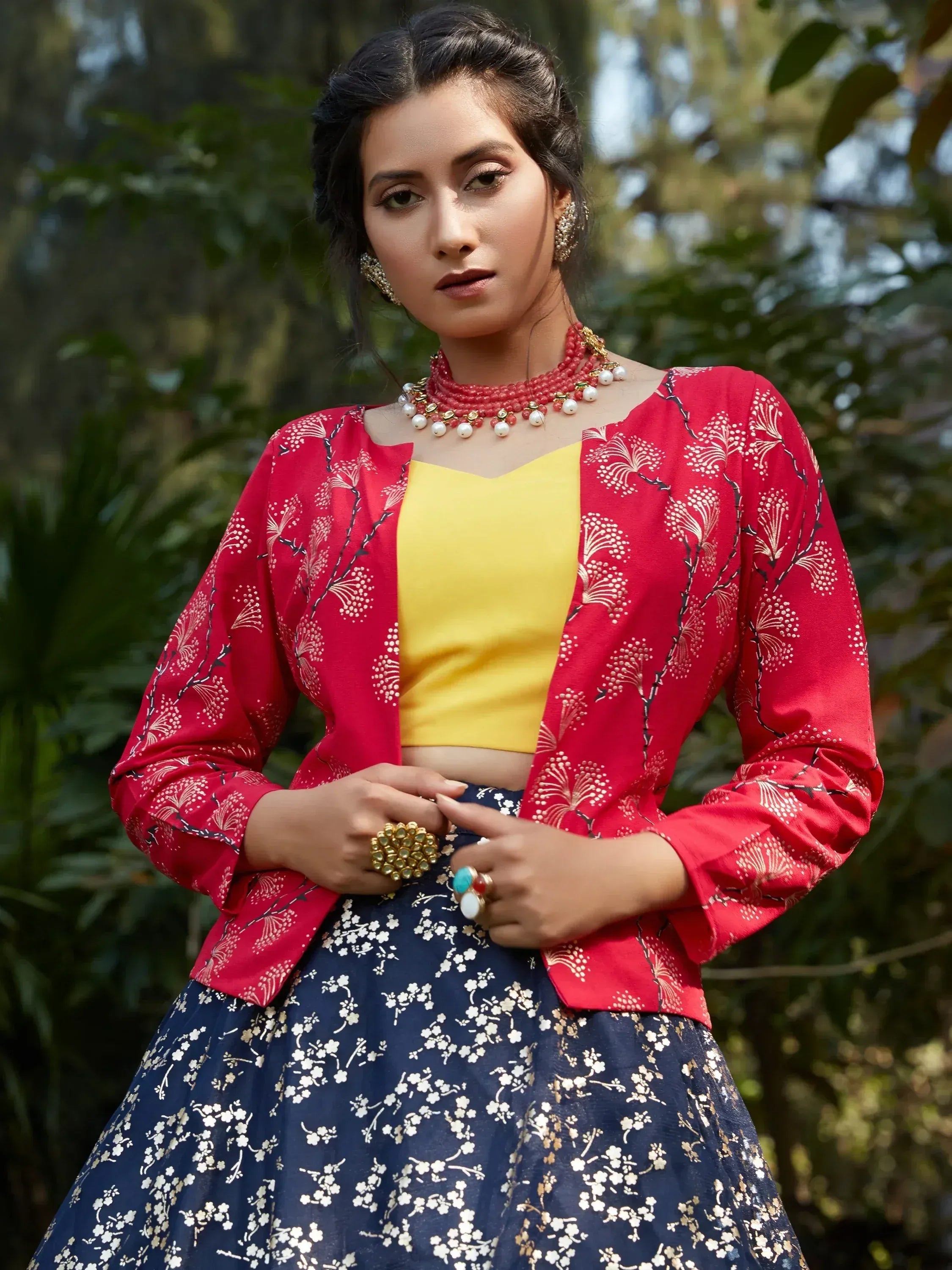 Red printed jacket with yellow crop top and navy floral lehenga, Indian ethnic wear