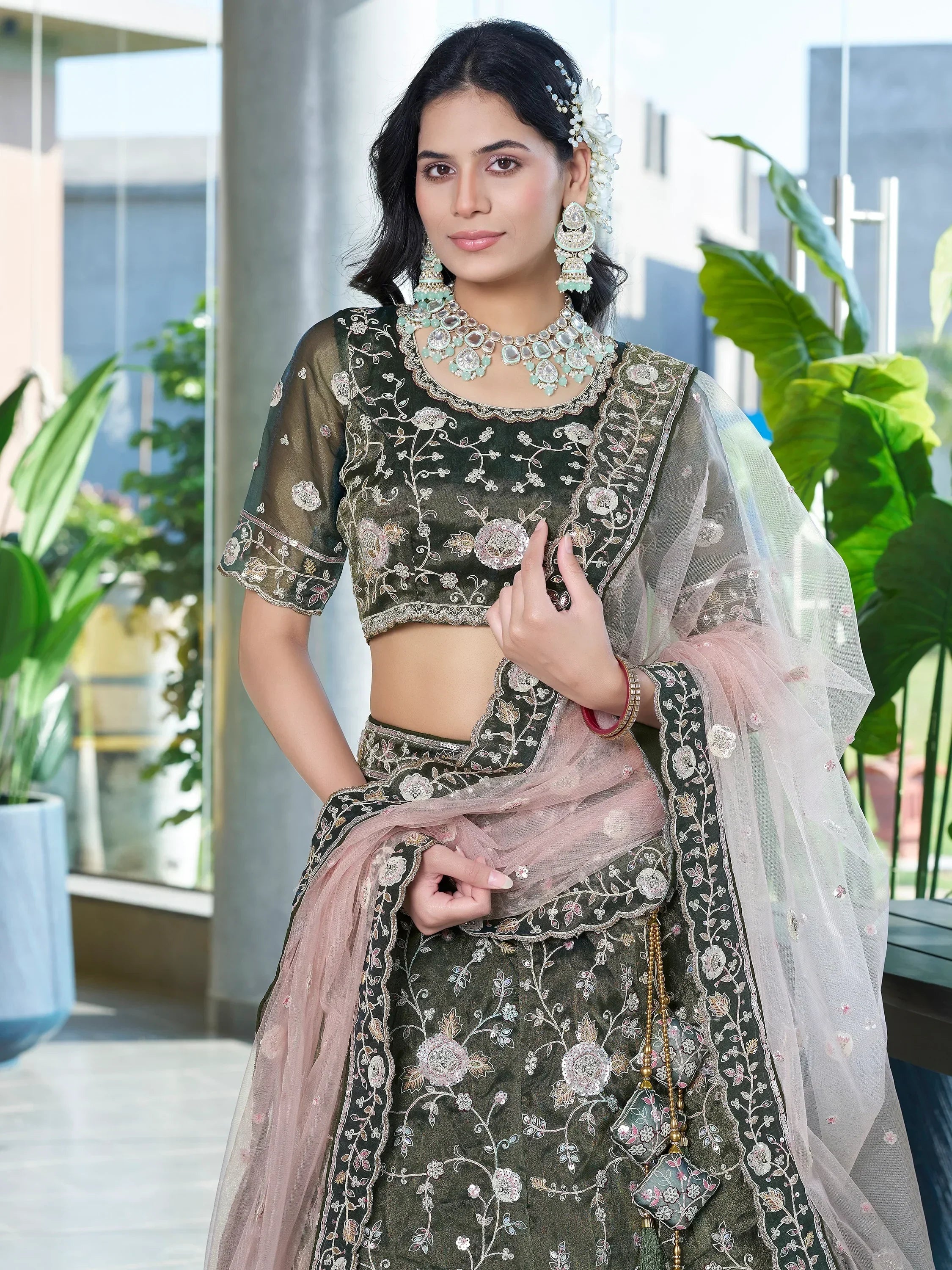 Attractive Olive Green Jarkan Work Silk Mehendi Wear Lehenga Choli - Ethnic Plus In
