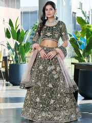 Attractive Olive Green Jarkan Work Silk Mehendi Wear Lehenga Choli - Ethnic Plus In