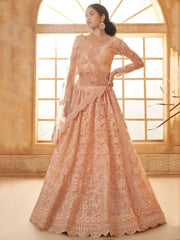 Attractive Peach Embroidery Work Net Bridesmaid Lehenga Choli - Ethnic Plus In