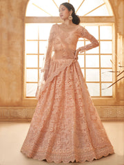 Attractive Peach Embroidery Work Net Bridesmaid Lehenga Choli - Ethnic Plus In
