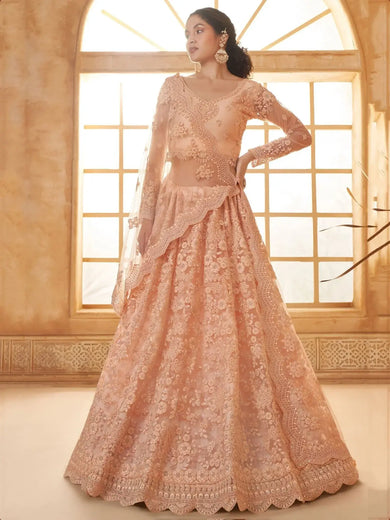 Attractive Peach Embroidery Work Net Bridesmaid Lehenga Choli - Ethnic Plus In