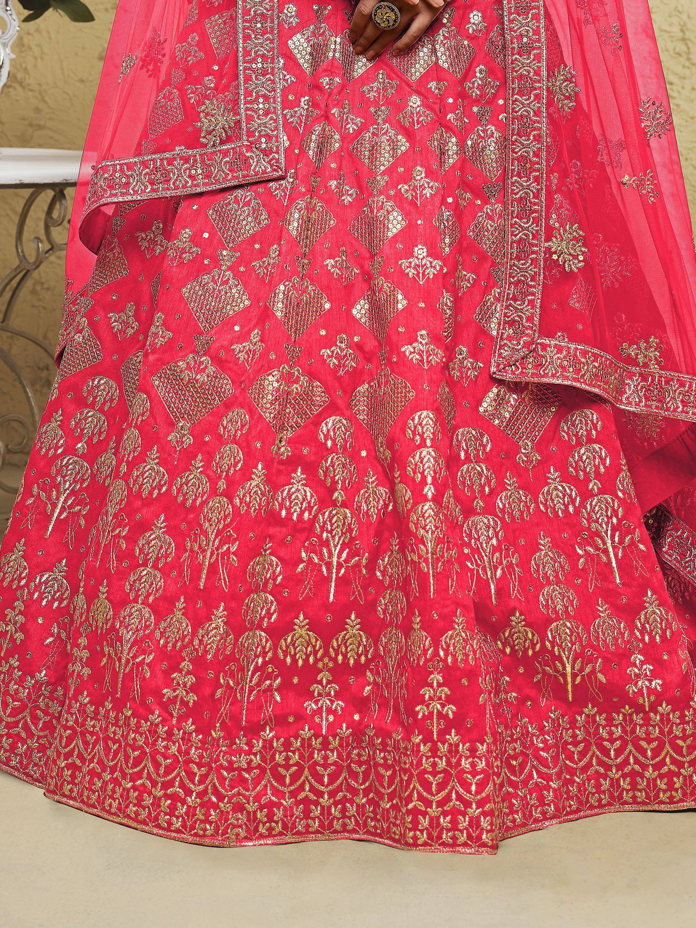 Red designer lehenga with gold embroidery and sequin work, ethnic Indian wear