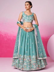 Attractive Pele Turquoise Sequins Georgette Sangeet Wear Lehenga Choli - Ethnic Plus In