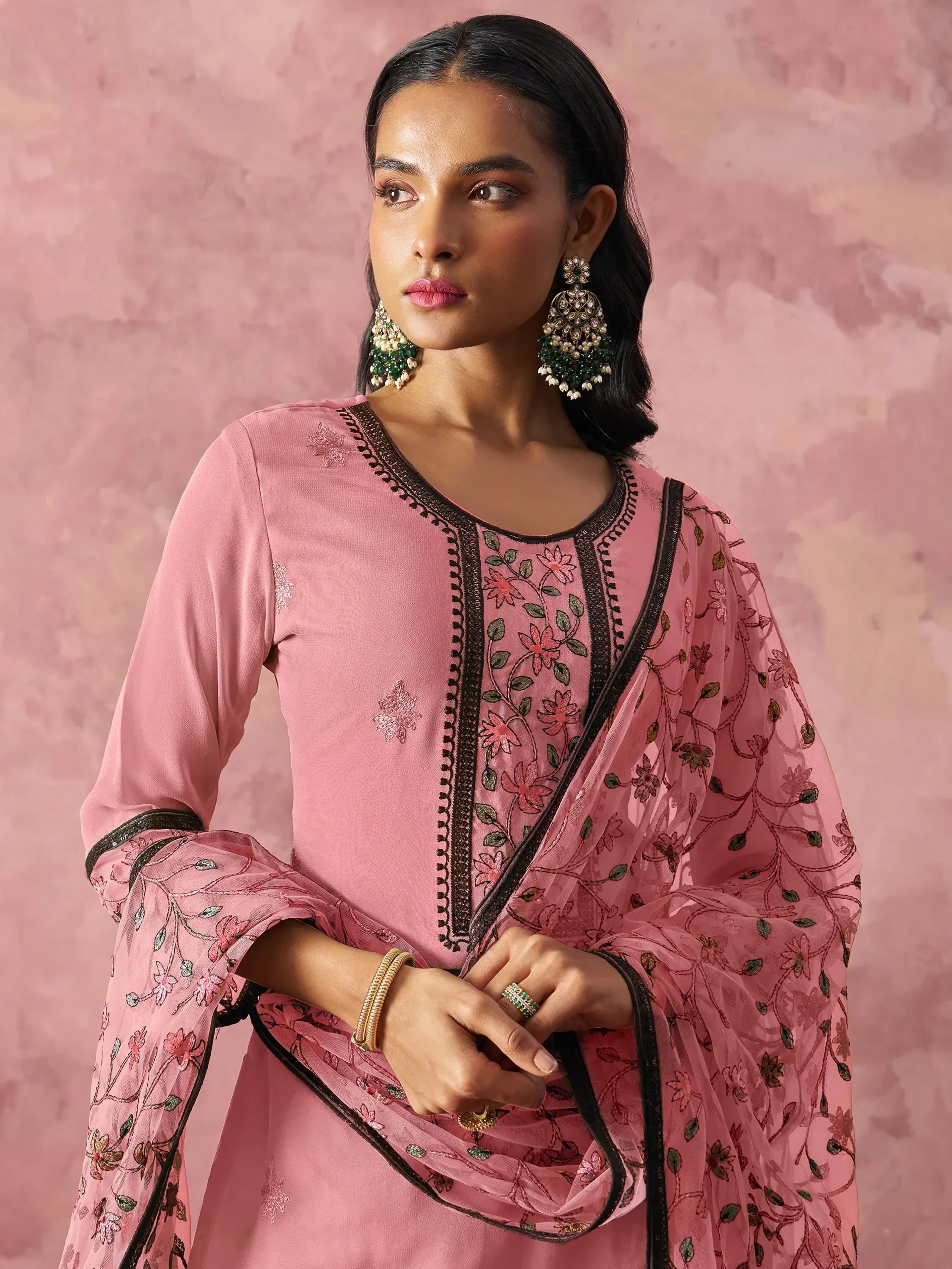 Attractive Pink Thread Embroidery Party Wear Pant Suit - Ethnic Plus In