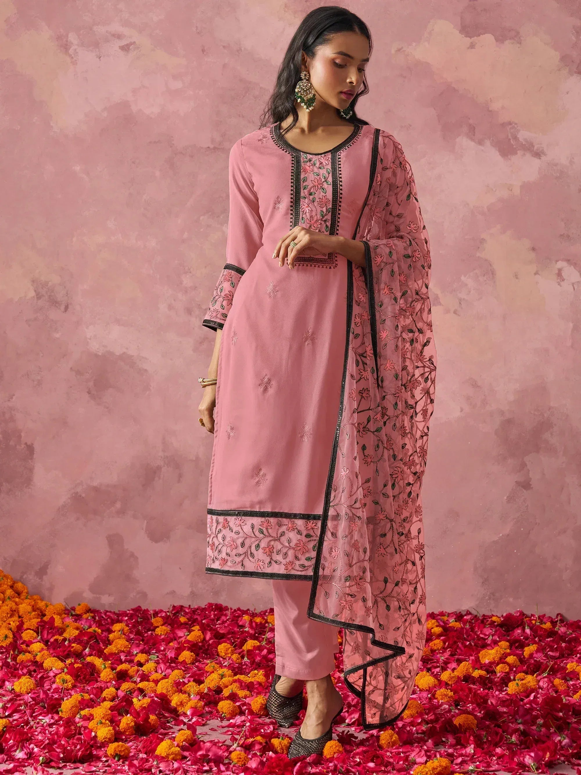 Pink embroidered salwar kameez with floral dupatta, perfect for Indian ethnic occasions