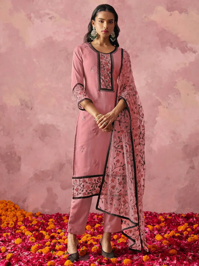 Attractive Pink Thread Embroidery Party Wear Pant Suit - Ethnic Plus In