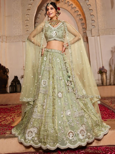 Attractive Pista Green Sequins Tissue Silk Designer Lehenga Choli - Ethnic Plus In