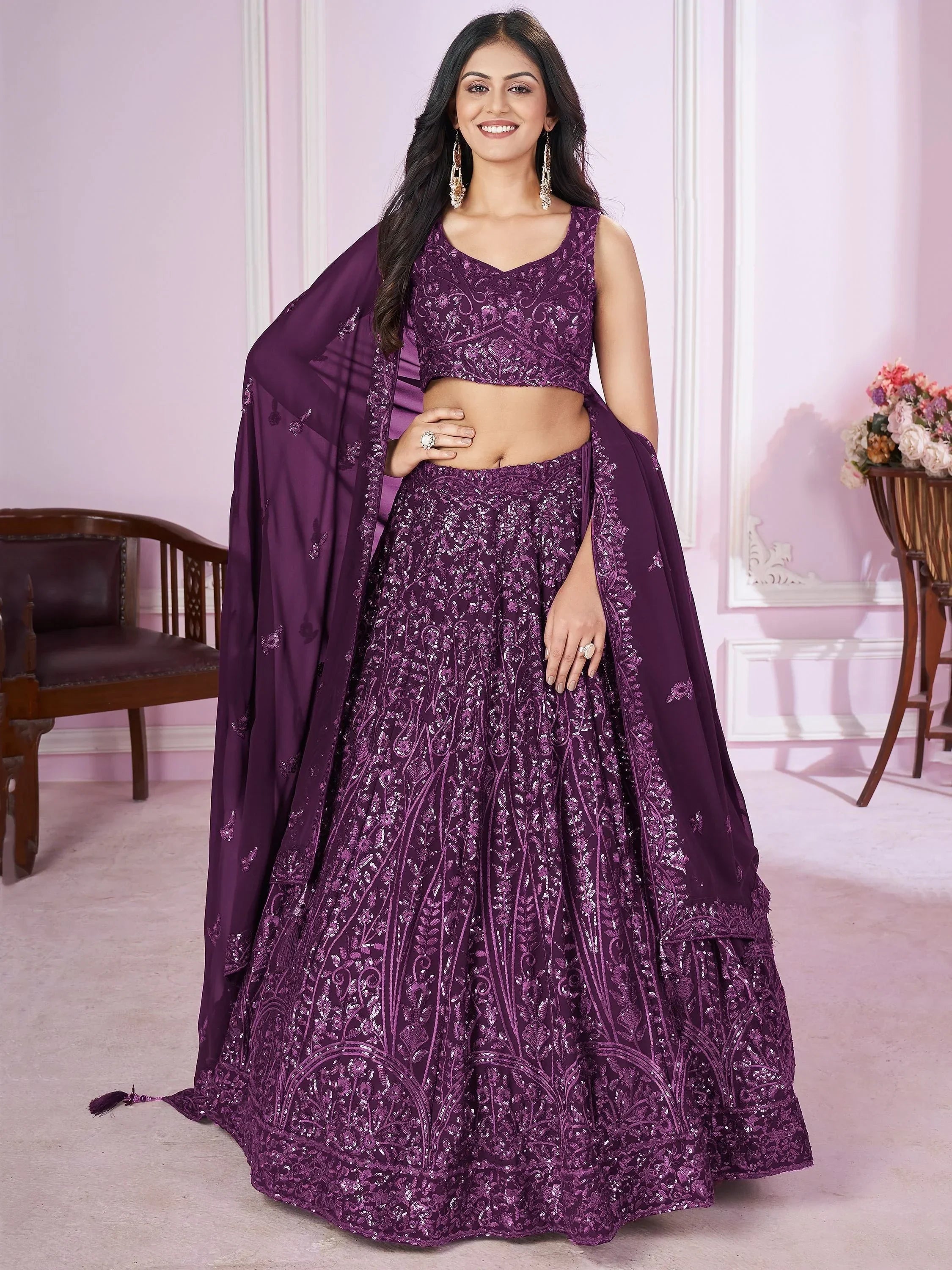 Purple embroidered lehenga choli with matching dupatta, perfect for Indian ethnic wear occasions