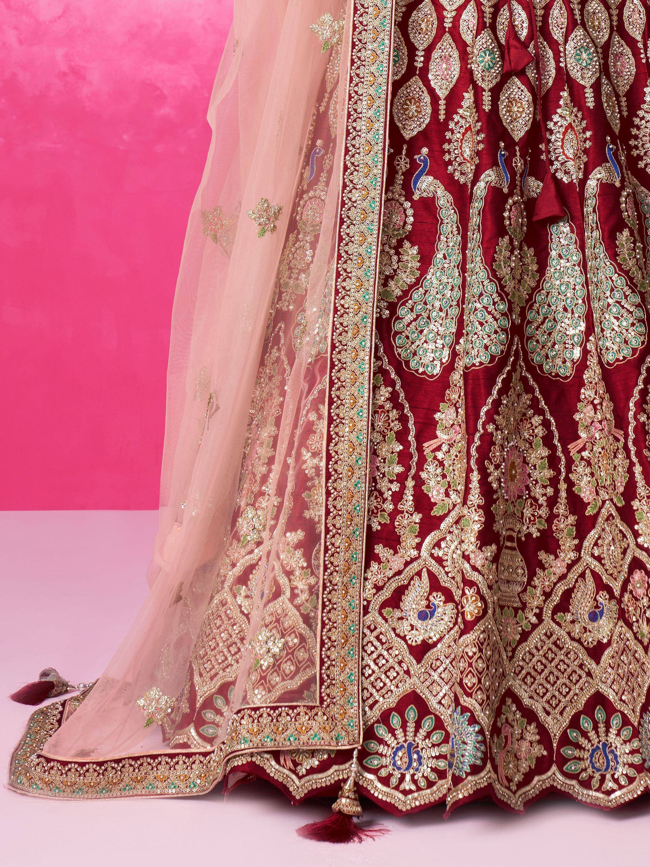 Maroon lehenga choli with peacock embroidery and sheer dupatta, Indian ethnic wear