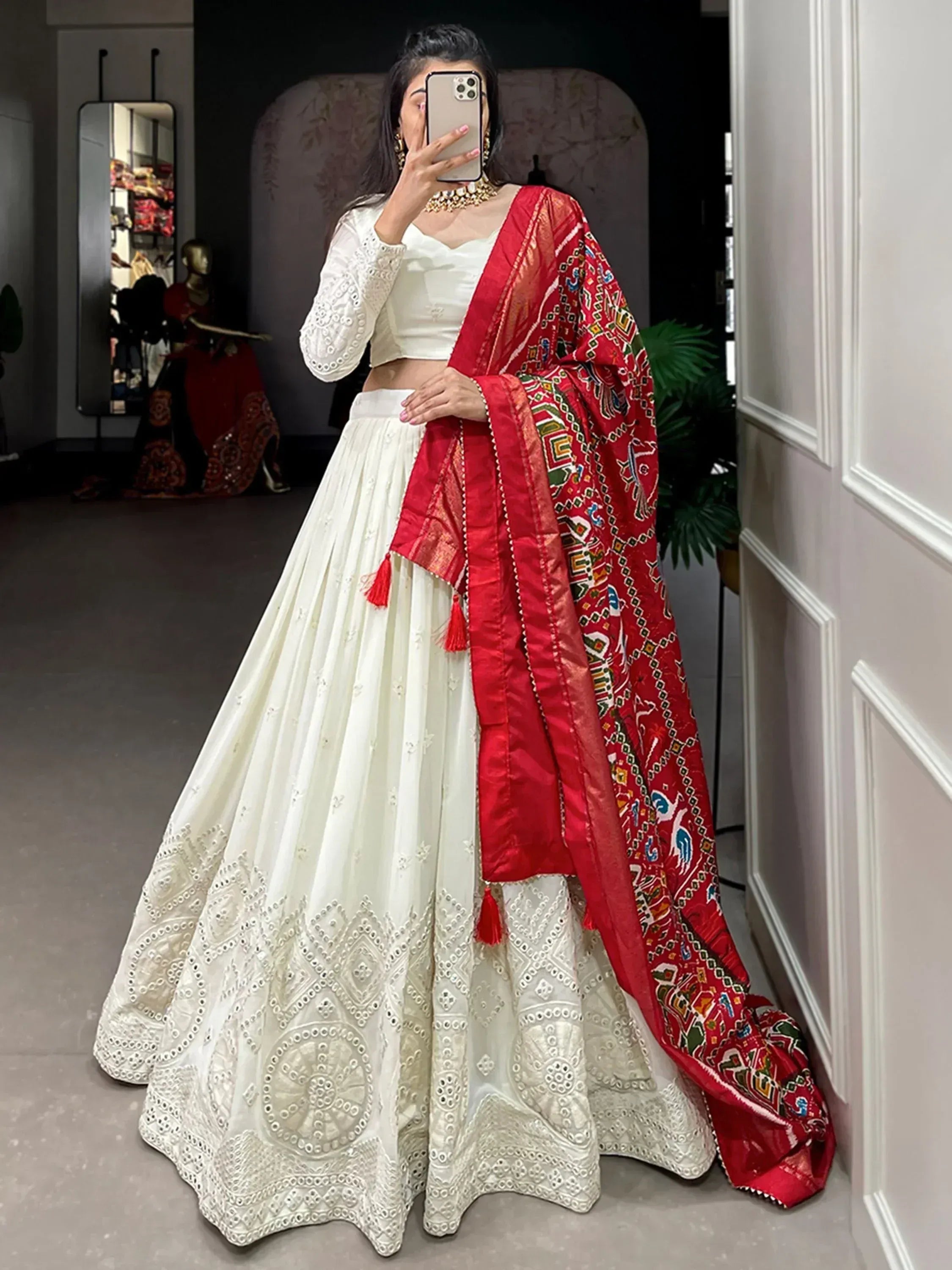 White embroidered lehenga choli with red printed dupatta, Indian ethnic wear