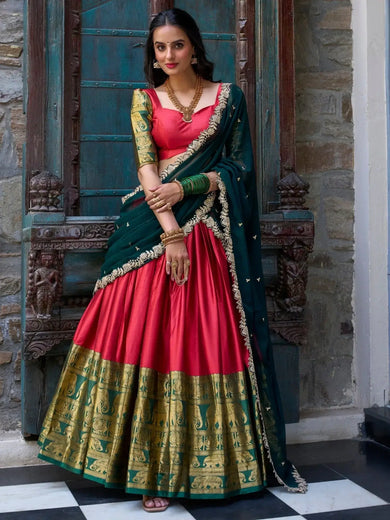 Attractive Red Zari Weaving Silk Festival Wear Half Saree Lehenga - Ethnic Plus In