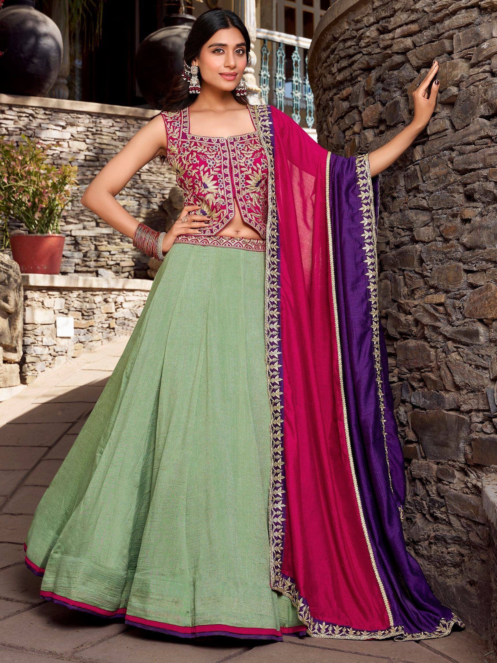 Green lehenga with pink and purple embroidered blouse and dupatta, Indian ethnic wear