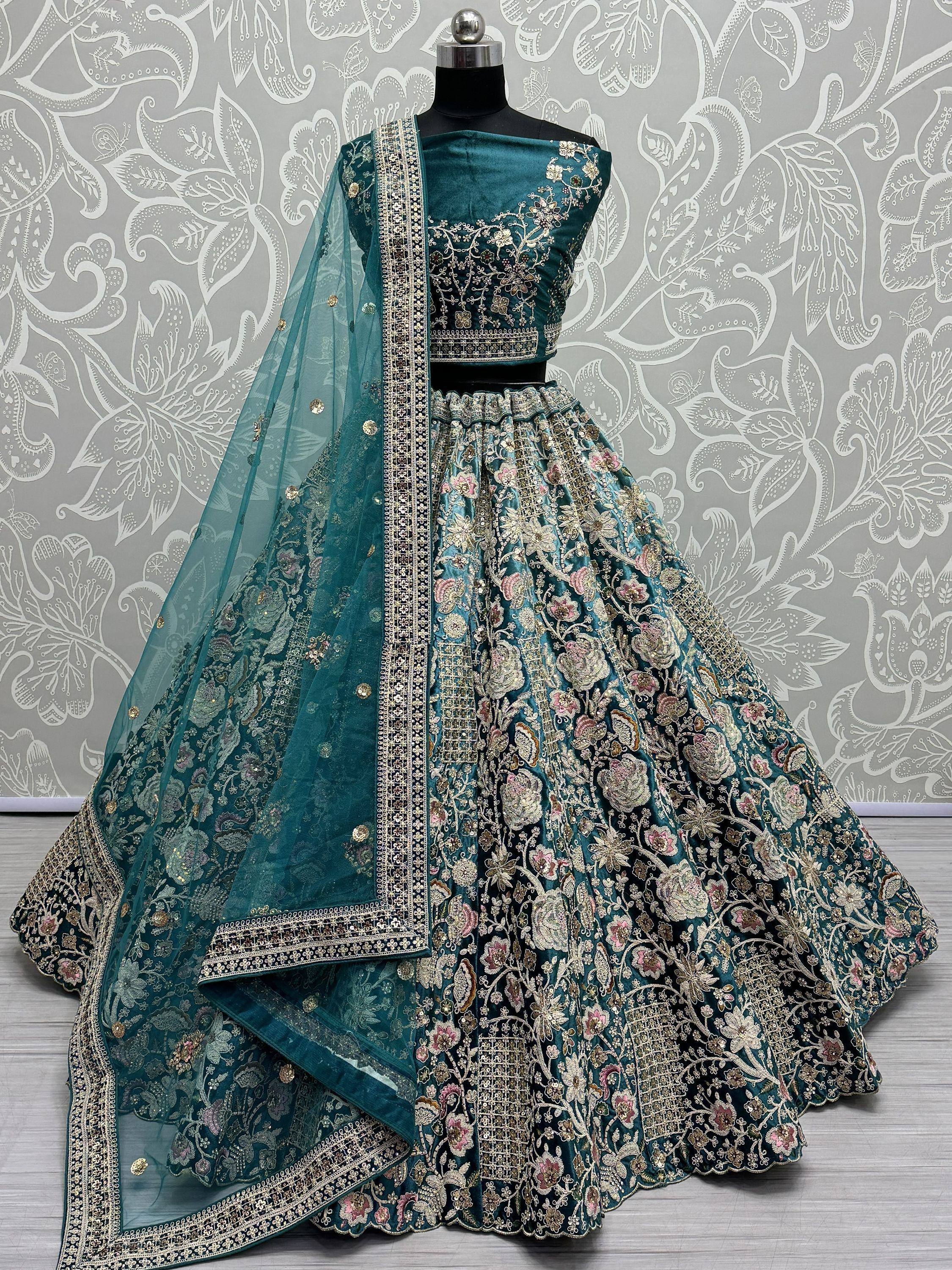Teal velvet lehenga choli with floral embroidery and sheer dupatta, Indian ethnic wear