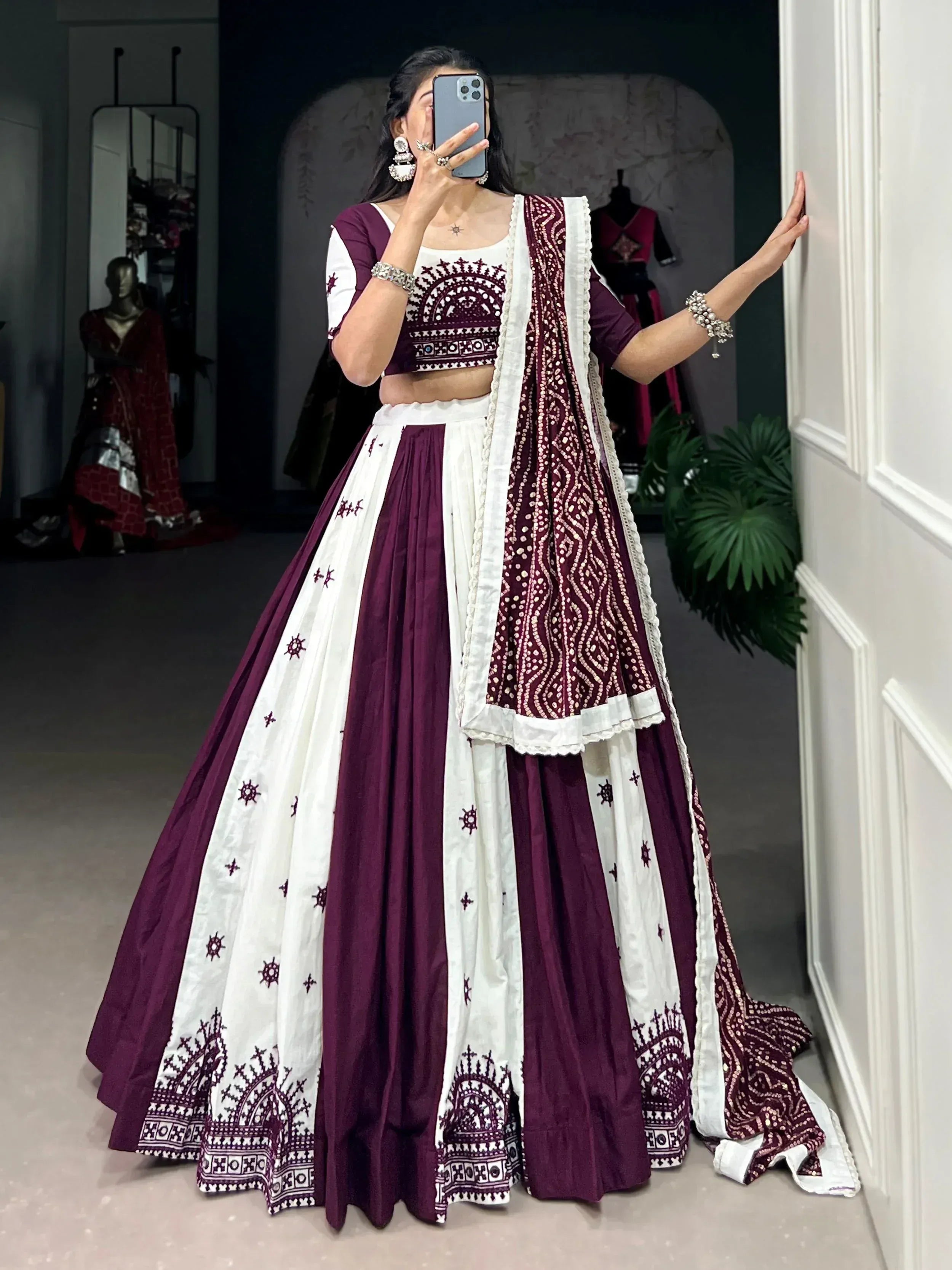 Maroon and white embroidered lehenga choli with dupatta, Indian ethnic wear for women