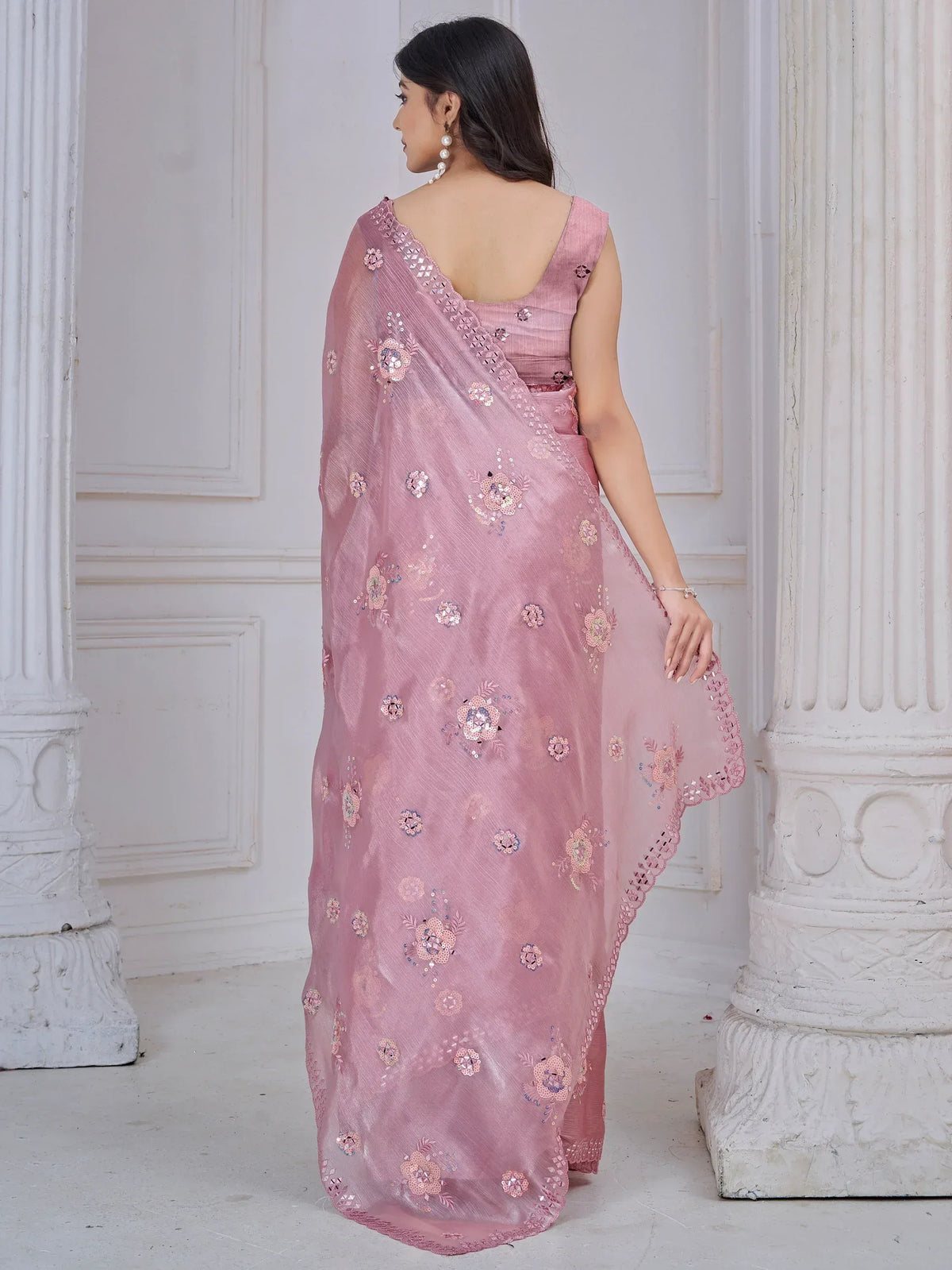 Pink floral embroidered saree with sequin detailing, back view, ethnic wear for women