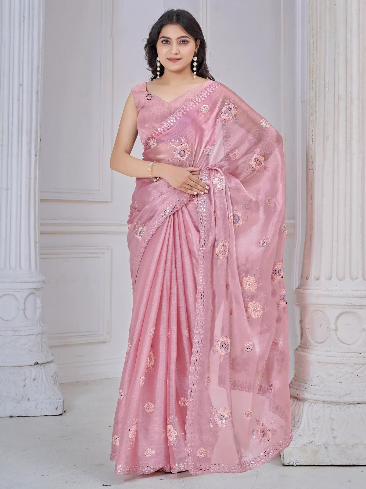Pink floral embroidered saree with sequin work, perfect for Indian ethnic occasions