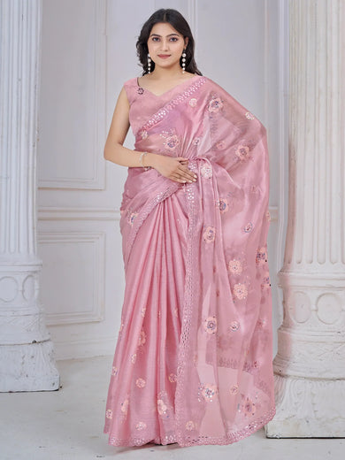 Attractive Baby Pink Sequins Organza Event Wear Saree With Blouse