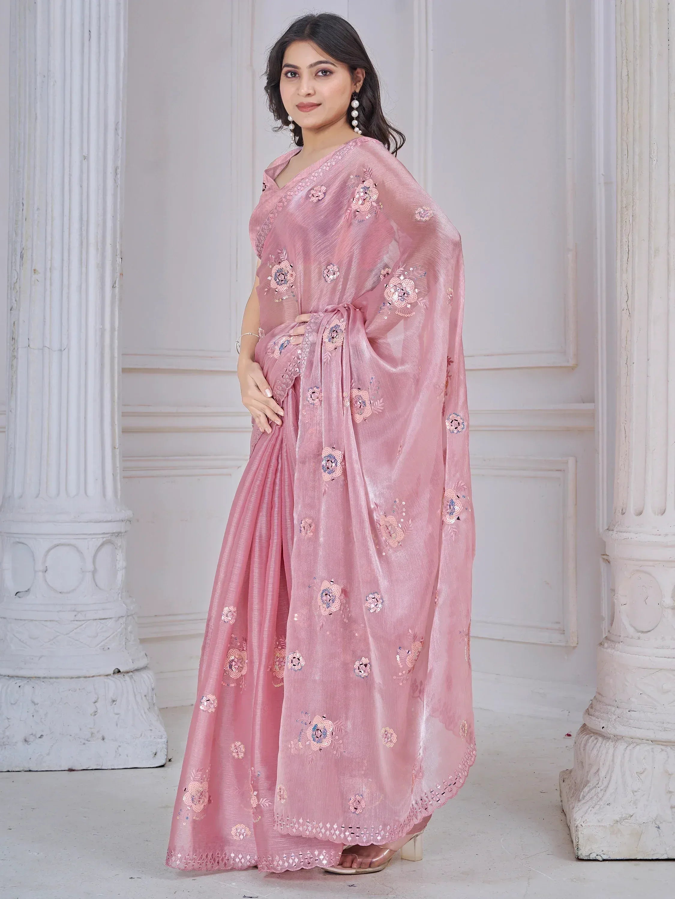 Pink floral embroidered saree with sequins, Indian ethnic wear for women