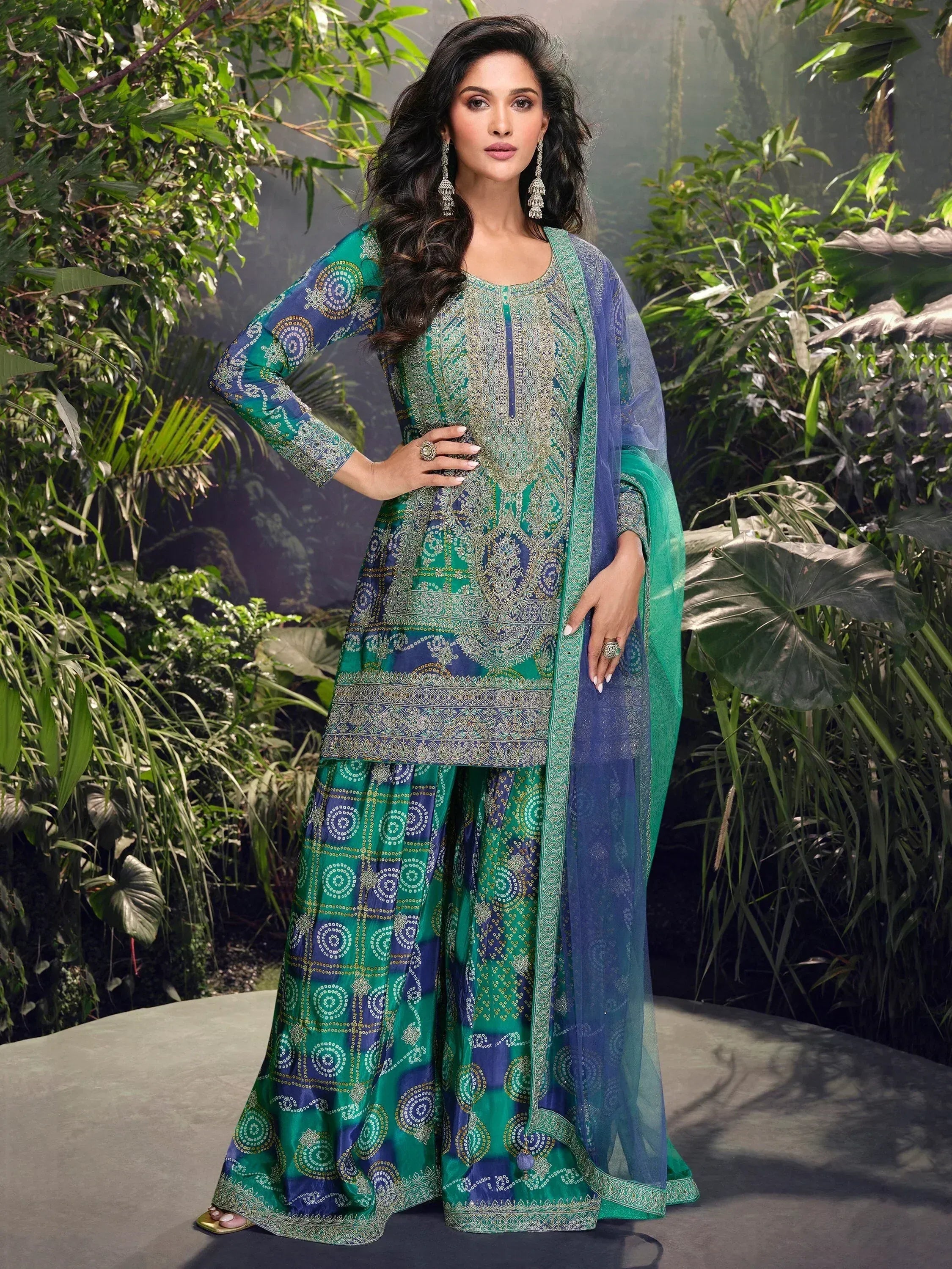 Green and blue printed salwar kameez with embroidery, perfect for ethnic wear occasions