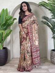 Attractive Cream Pichwai Printed Viscose Trendy Saree With Blouse