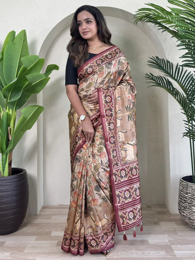 Attractive Cream Pichwai Printed Viscose Trendy Saree With Blouse