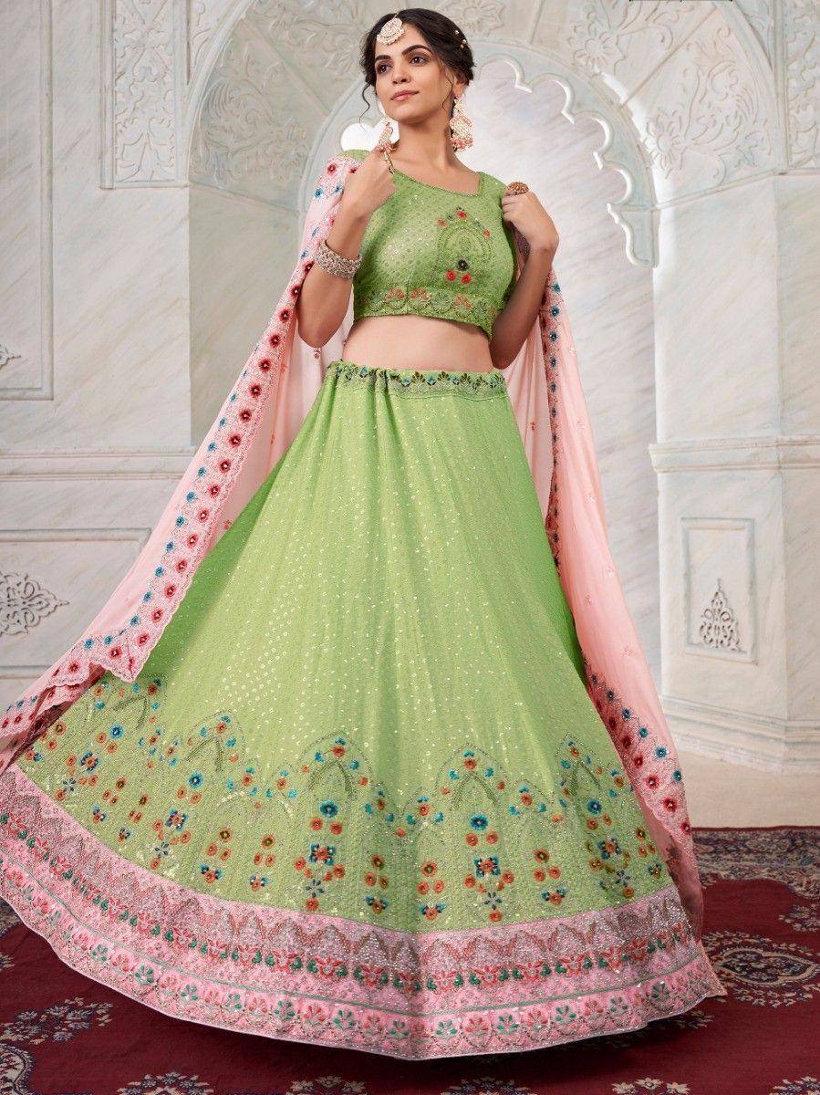 Green embroidered lehenga choli with pink dupatta, Indian ethnic wear for weddings and festivals