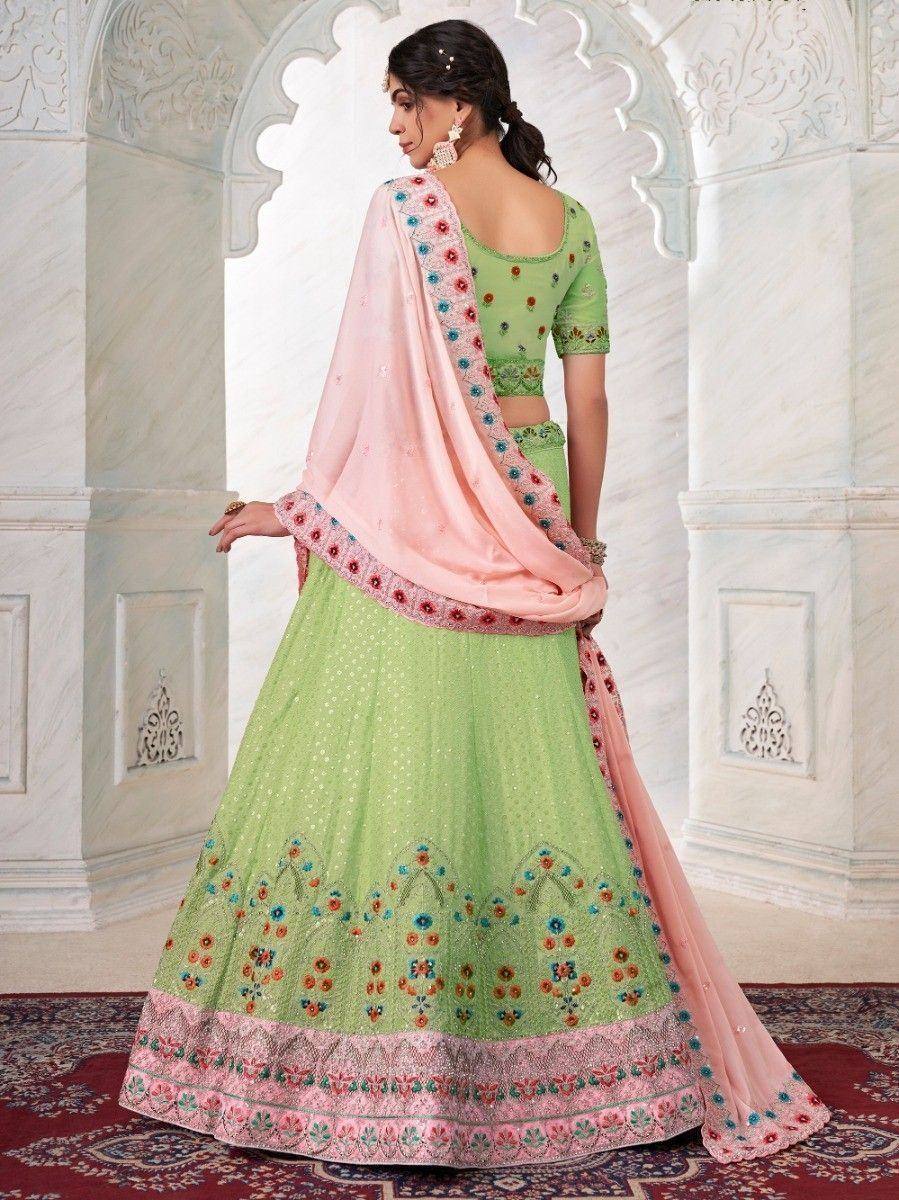 Green floral embroidered lehenga choli with pink dupatta, Indian ethnic wear for women