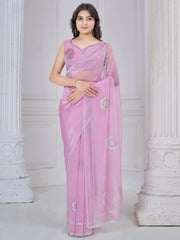 Attractive Pink Jarkan Work Organza Party Wear Saree With Blouse