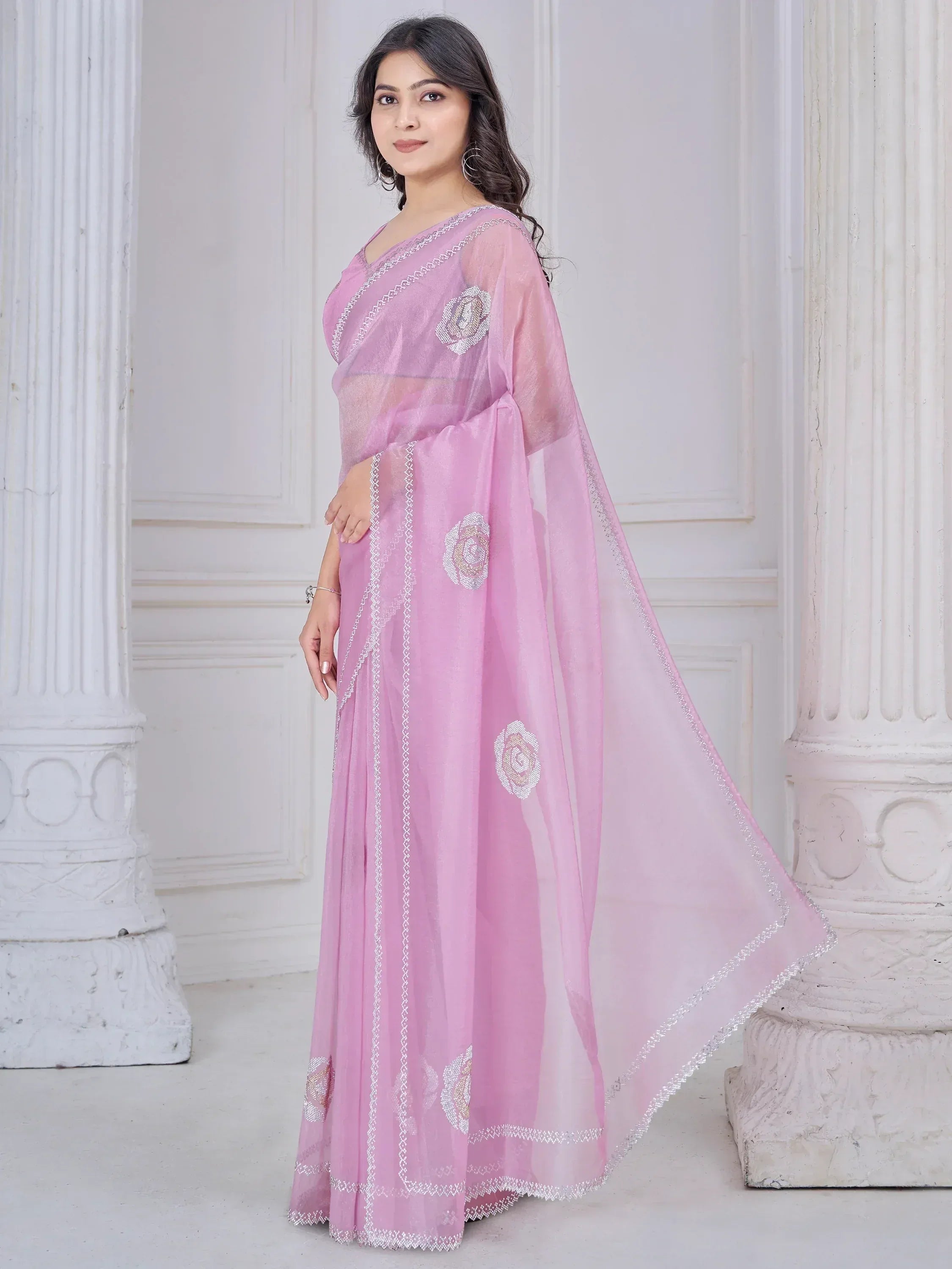 Pink designer saree with floral embroidery and silver border, elegant ethnic wear for women