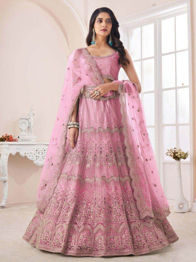 Attractive Pink Pearl Work Net Bridesmaid Lehenga Choli With Dupatta