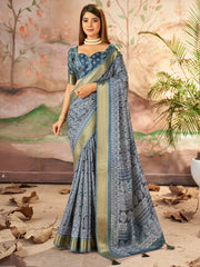 Attractive Slate Grey Printed Dola Silk Casual Wear Saree With Blouse