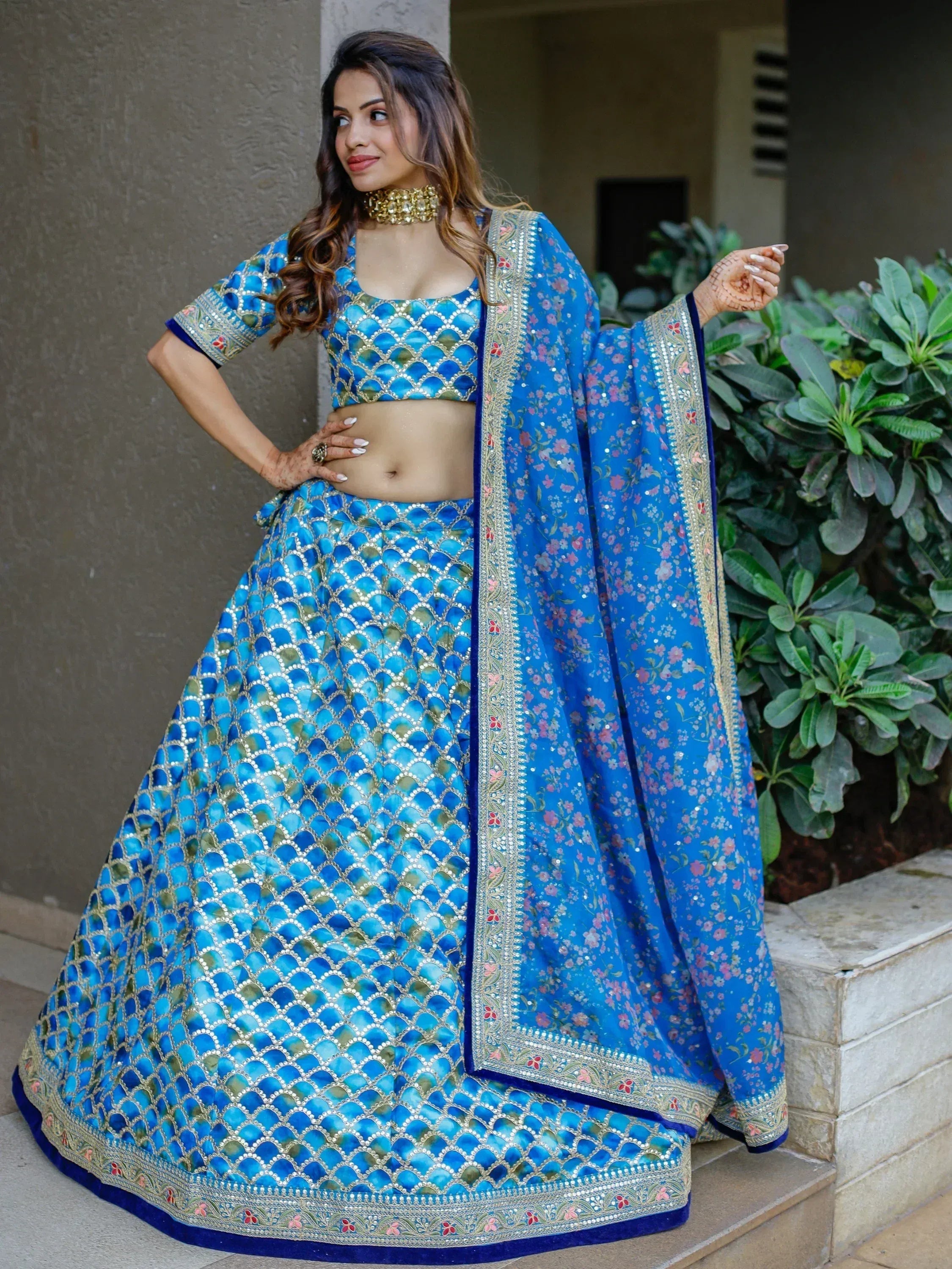 Blue designer lehenga choli with floral dupatta, ethnic wear for weddings and parties