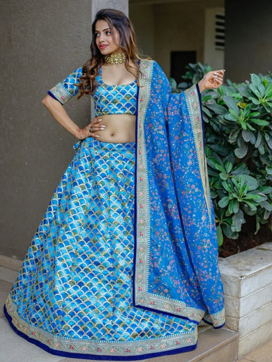 Awesome Blue Sequins Work Art Silk Wedding Lehenga Choli - Ethnic Plus In