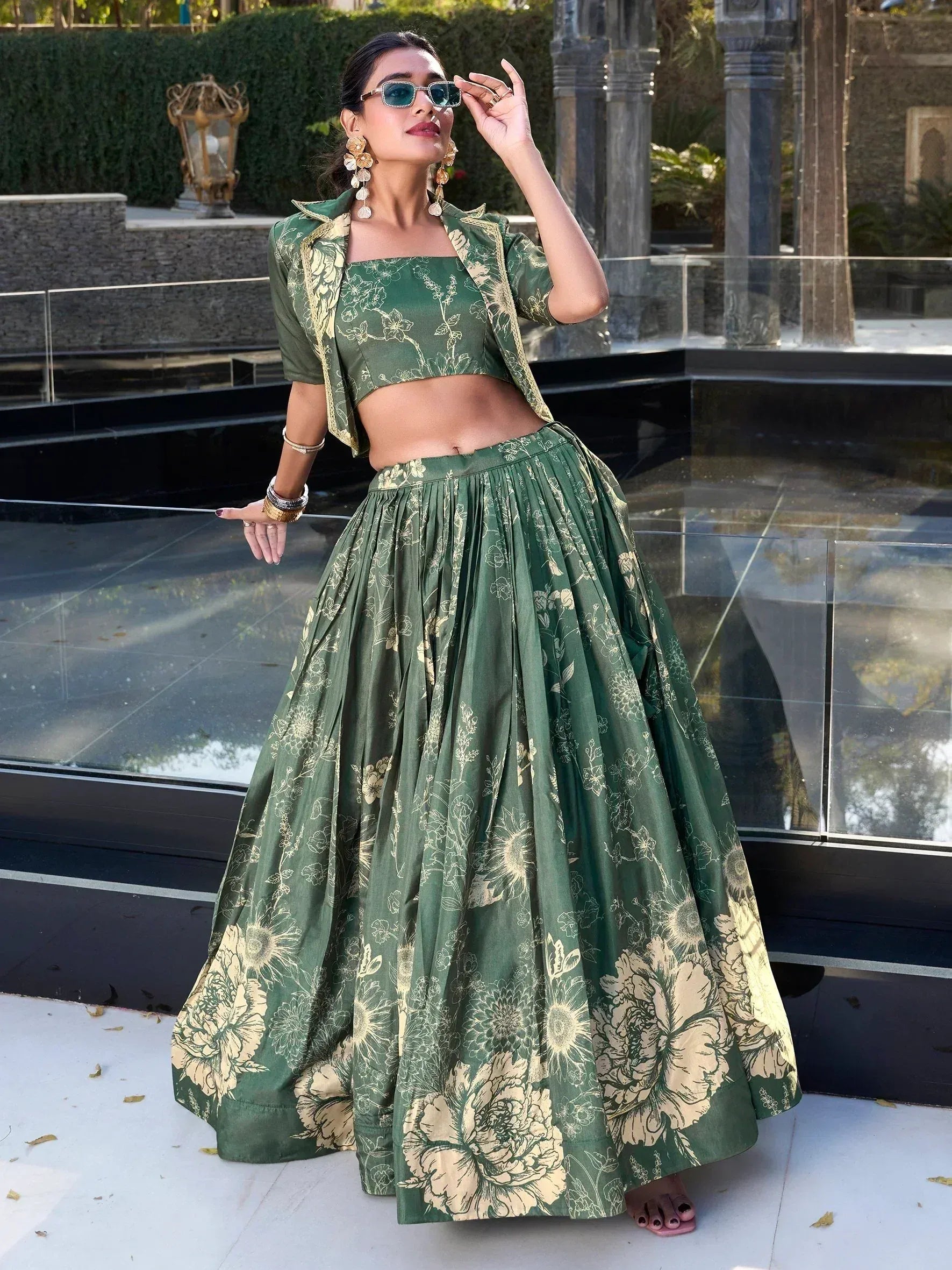 Green floral lehenga choli with gold print, stylish ethnic wear for women